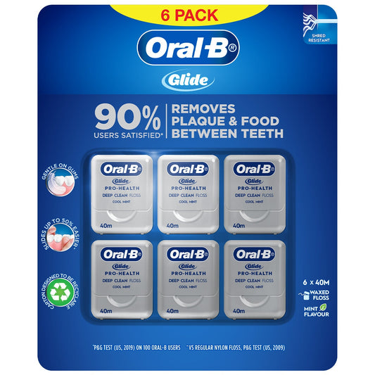 Oral-B Glide Floss 6 x 40M - Strong, Shred Resistant, Minty Clean, Waxed - Auzzistore