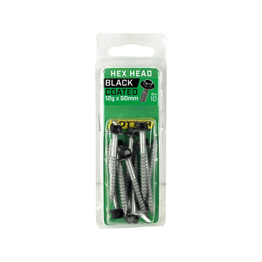 Otter Black Hex Head Screws 12 x 50mm - 10 Pack - Self-Drilling - Galvanised - Auzzistore