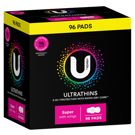 U by Kotex Ultrathin Super Pads with Wings, 96 Pack, Rapid-Dry Core, Flexible