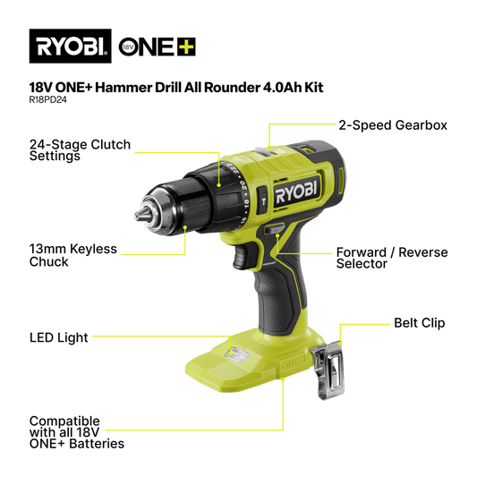 Ryobi 18V ONE+ Hammer Drill All Rounder Kit - 4.0Ah Battery - 13mm Chuck - LED Light – view 2 - Auzzistore