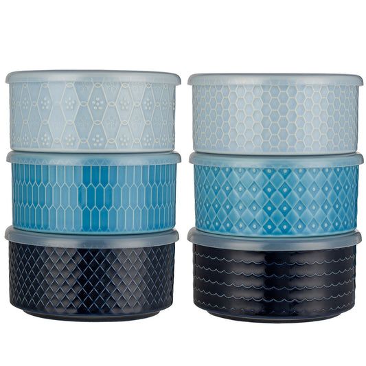 Signature Housewares 6-Piece Microwavable Stoneware Bowl Set with Lids, Blue – view 2 - Auzzistore