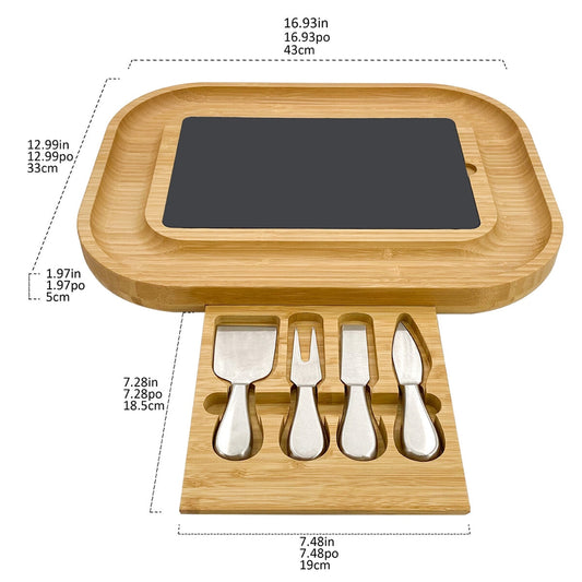 Carrara Bamboo Cheese Board 330x430mm with 4 Stainless Steel Knives & Slate Top – view 2