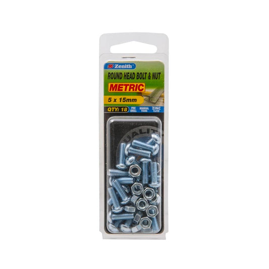Zenith Bolt and Nut - 5 x 15mm - Zinc Plated - Round Head - 18 Pack - Auzzistore