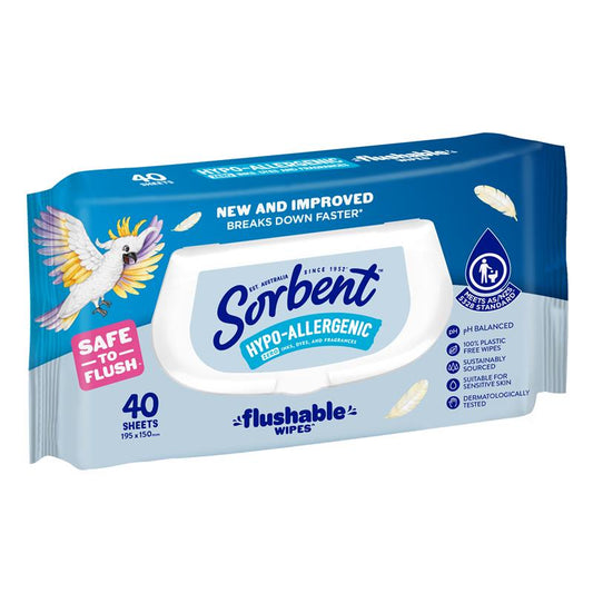 Sorbent Flushable Wipes Hypo Allergenic 40 Pack - Gentle Clean for Sensitive Skin