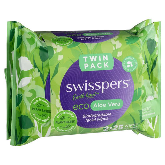 Swisspers Eco Aloe Vera Biodegradable Facial Wipes - Twin Pack (2 x 25 Wipes) – view 2