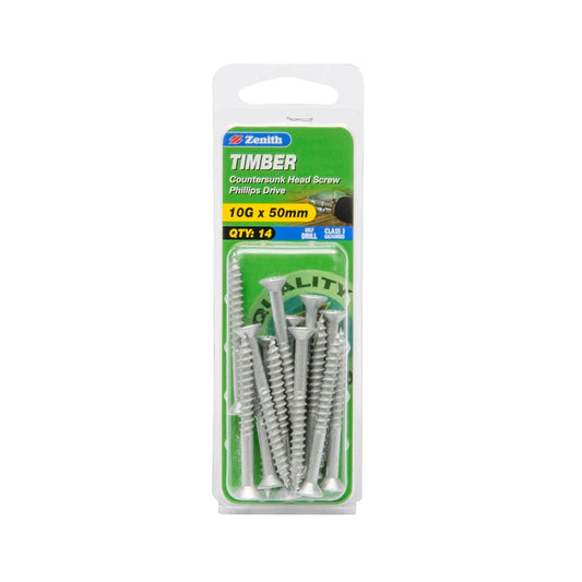 Zenith Timber Screws - 10g x 50mm Galvanised - Countersunk - 14 Pack - Auzzistore