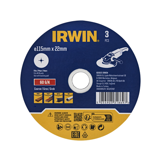 Irwin Fibre Disc 3 Pack - 115 x 22mm - 60 Grit - Aluminium Oxide - De-burring - Auzzistore
