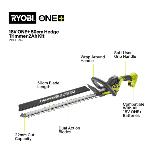 Ryobi 18V ONE+ Hedge Trimmer 50cm 2.0Ah Kit - Clean Cuts - Debris Clearance – view 2