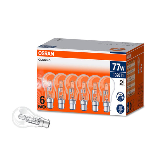 Osram Classic Ashape Bc Halogen Clear Light Globe 77W Pack of 6 - 60mm x 110mm - Auzzistore