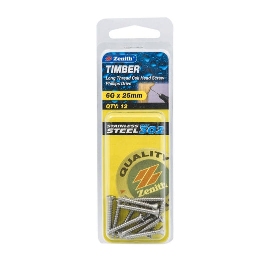 Zenith Timber Screws - 6g x 25mm - Stainless Steel - Countersunk Head - 12 Pack - Auzzistore