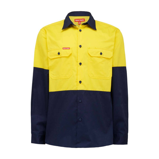 Hard Yakka Hi Vis Long Sleeve Shirt 3XL - Yellow Navy - Breathable, Durable