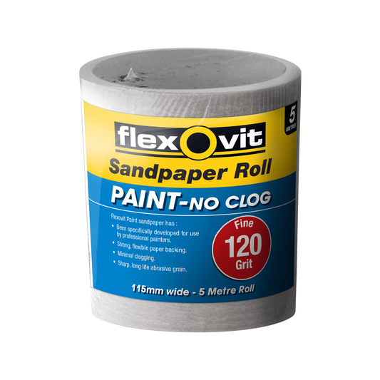 Flexovit 120 Grit Sandpaper Roll 115mm x 5m Paper No Clog Benefit - Auzzistore