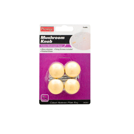 Prestige Mushroom Cupboard Knob - 25mm - Polished Brass - Easy Install - 4 Pack