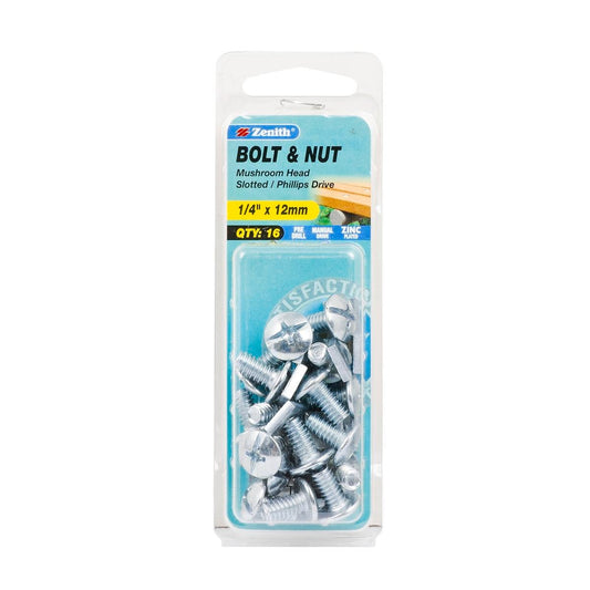 Zenith Mushroom Head Bolt & Nut - 1/4 x 12mm - Zinc Plated - 16 Pack - Auzzistore