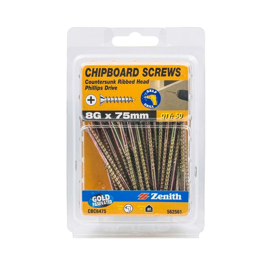 Zenith 8g Chipboard Screws - Countersunk Rib Head - 75mm - Gold - 50 Pack - Auzzistore