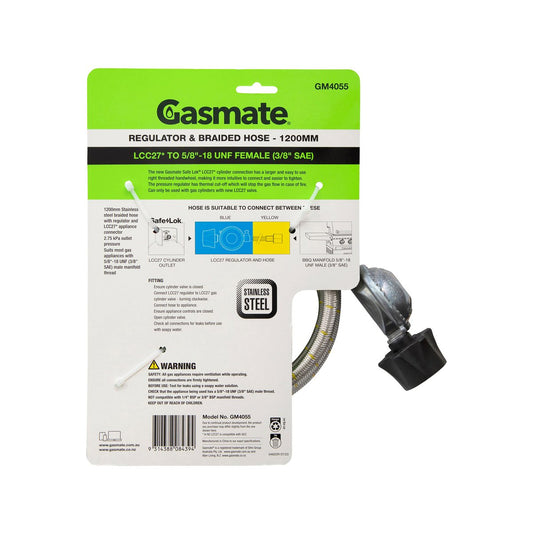 Gasmate Regulator Braided Hose 1200mm LCC27 to 5/8" UNF - Durable Connection – view 2 - Auzzistore