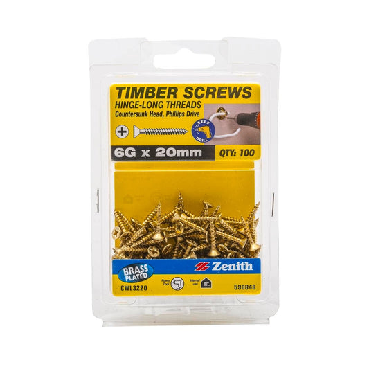 Zenith Hinge Long Thread Screw - 6g x 20mm - Brass Plated - 100 Pack - Auzzistore