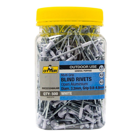 Otter Multi Grip Open Aluminium Blind Rivets 500 Pack 3.2 x 0.8-4.8mm White - Auzzistore