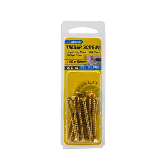 Zenith Brass Plated Hinge Long Thread Screws 50mm Countersunk 12 Pack - Auzzistore