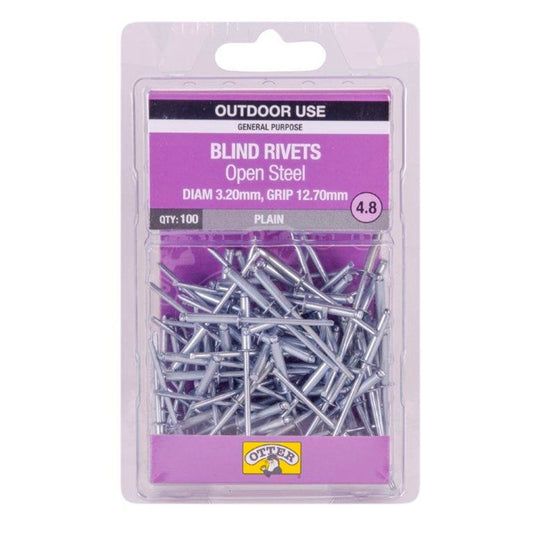 Otter Open Steel Blind Rivets - 2 x 12 7mm - 100 Pack - High Strength - Auzzistore