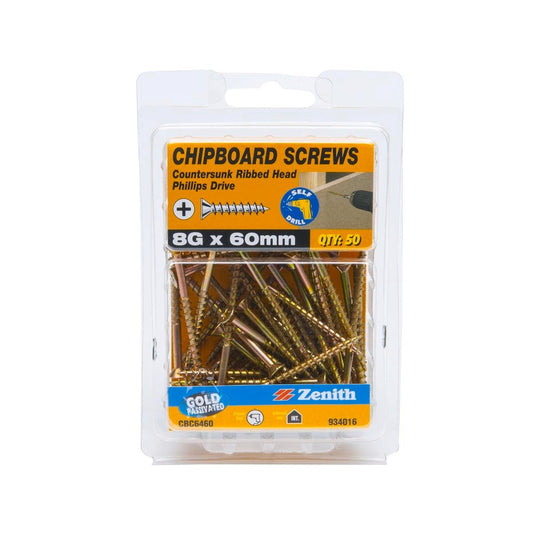 Zenith 8g Countersunk Rib Head Chipboard Screws - 60mm - Gold - 50 Pack - Auzzistore