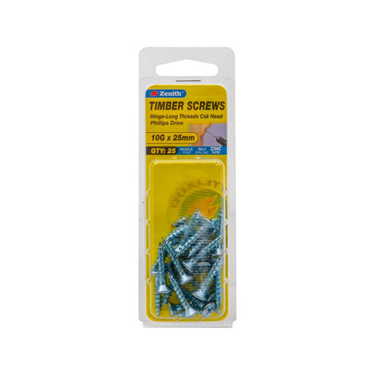Zenith Countersunk Head Wood Screws - 10g x 25mm - Zinc Plated - 25 Pack - Auzzistore