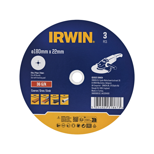 Irwin Fibre Disc 3 Pack - 180 x 22mm - 36 Grit - Stock Removal & Blending - Auzzistore