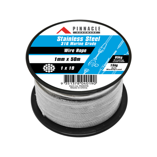 Pinnacle 1mm x 50m Stainless Steel Wire Rope - 316 Marine Grade - Durable - Auzzistore