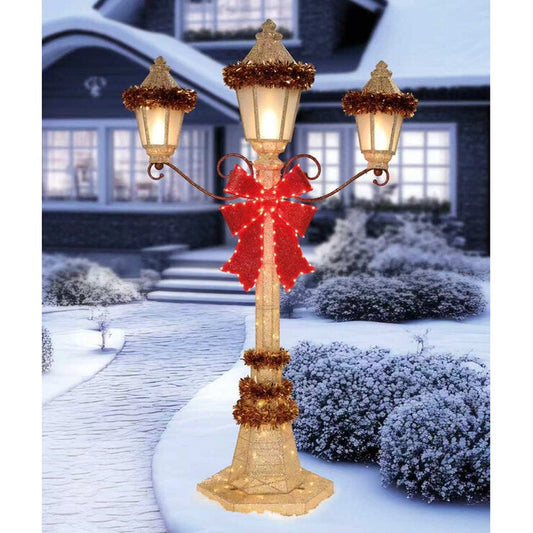 LED Christmas Lamp Post 2133.6mm Triple Lantern with Gold Frame and Red Bow — image 2
