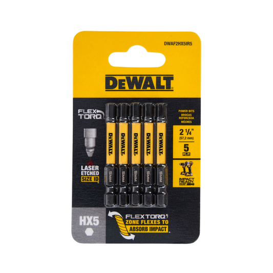 Dewalt Flextorq Hex Driver Bits - 57mm - 5 Pack - Durable - Impact Ready – view 2 - Auzzistore