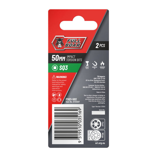 Full Boar Impact Torsion Bits Set - SQ3 50mm - 2 Pack - Durable S2 Steel – view 2 - Auzzistore