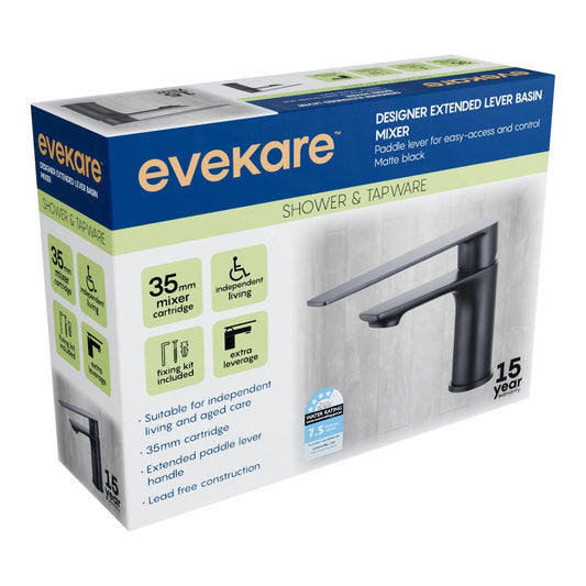 Evekare Matte Black Extended Lever Basin Mixer - 180mm x 180mm x 75mm - Easy Access – view 2