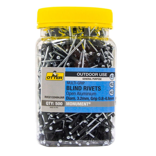 Otter Monument Multi Grip Open Aluminium Blind Rivets 500 Pack - 2 x 0.8-4.8mm - Auzzistore