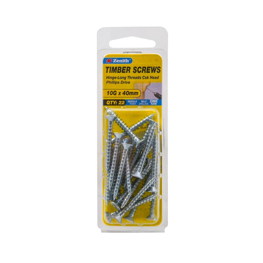 Zenith Timber Screws - 10g x 40mm - 22 Pack - Zinc Plated - Countersunk Head - Auzzistore