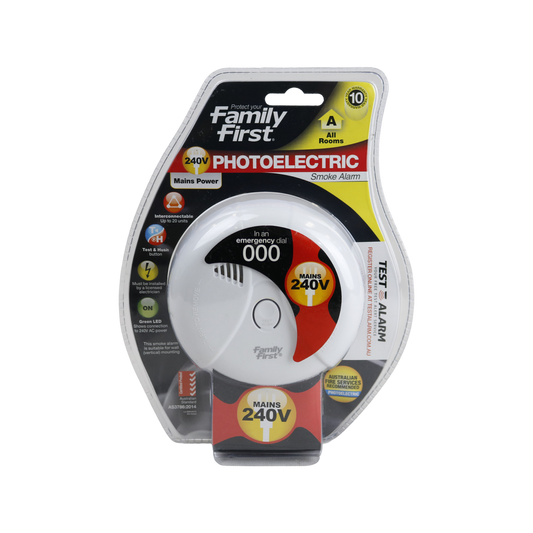 Family First Photoelectric Smoke Alarm 240V Interconnectable Plastic Safety - Auzzistore