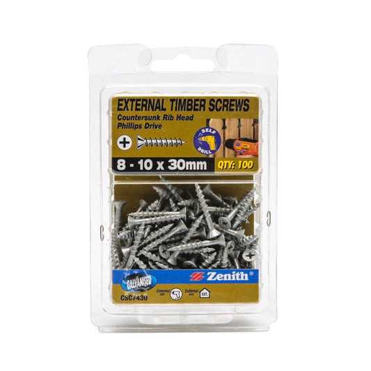 Zenith Timber Screws - 10 x 30mm - Galvanised - 100 Pack - Countersunk Rib Head - Auzzistore