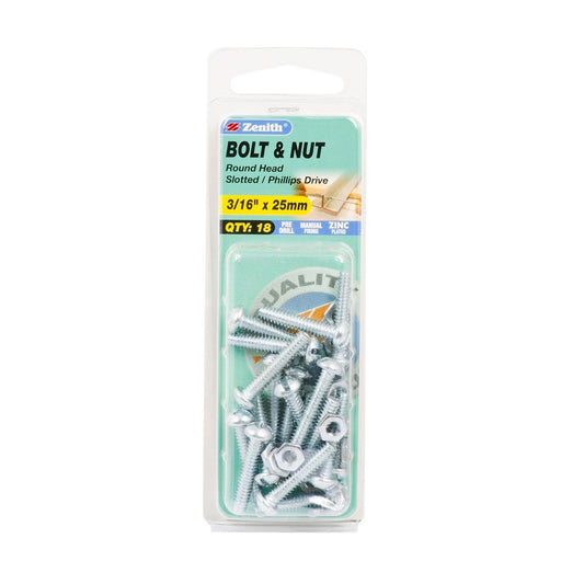 Zenith Round Head Bolt & Nut - 3/16 x 25mm - 18 Pack - Zinc Plated - Internal Use - Auzzistore
