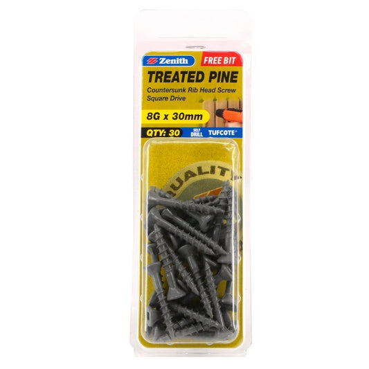 Zenith Treated Pine Screws - 8g x 30mm - Carbon Steel - 30 Pack - Auzzistore
