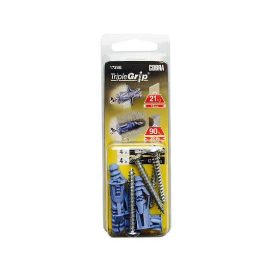 Cobra Triple Grip Anchor Screws 4 Pack - 5mm - Silver - Superior Holding Power