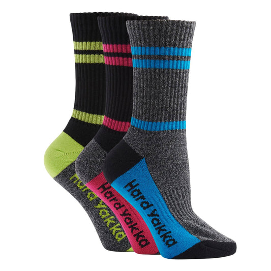 Hard Yakka Multi Coloured Women’s Crew Work Socks 3 Pack Size 3-8 - Durable Comfort