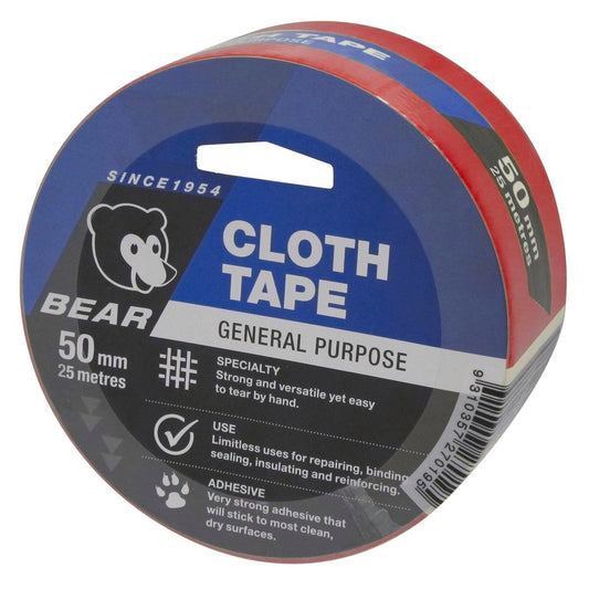 Norton Bear Red Cloth Tape - 50mm x 25m - Hand Tearable - Strong Adhesive - Auzzistore