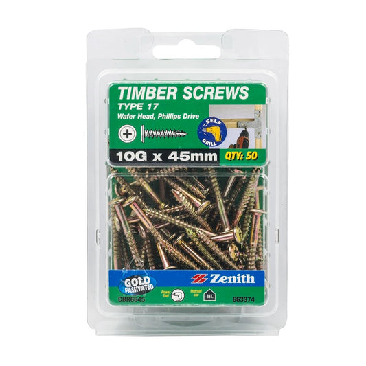 Zenith 10g x 45mm Gold Passivated Type 17 Wafer Head Timber Screws - 50 Pack - Auzzistore