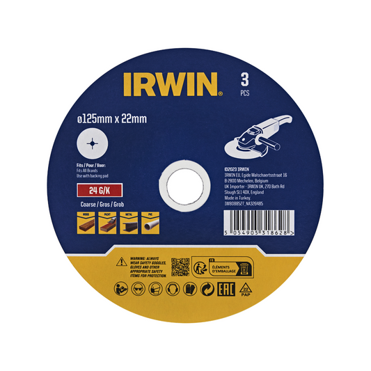 Irwin Fibre Disc 3 Pack - 125 x 22mm - 24 Grit - Aluminium Oxide - Stock Removal - Auzzistore
