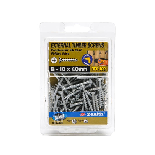 Zenith Timber Screws - 10 x 40mm - Galvanised - 100 Pack - Countersunk Head - Auzzistore