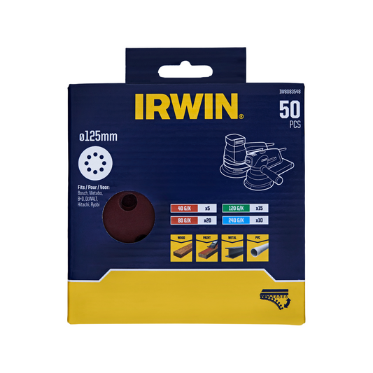 Irwin 125mm Quick Fit Mixed Random Orbital Sanding Discs 50 Pack - Versatile Grits - Auzzistore