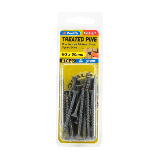 Zenith Treated Pine Screws - 8g x 50mm - Carbon Steel - 20 Pack - Tufcote - Auzzistore