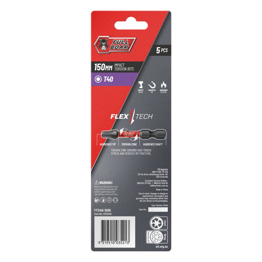 Full Boar Impact Torsion Bit 5 Pack - T40 x 150mm - Durable S2 Steel – view 2 - Auzzistore