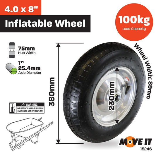 Move It Pneumatic Wheel - 400mm x 8 - Rubber/Steel - 1'' Axle Diameter – view 2 - Auzzistore