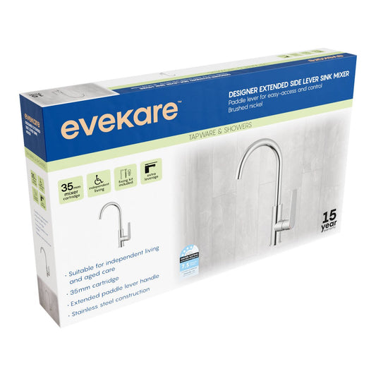Evekare 35mm Brushed Nickel Extended Lever Sink Mixer - Easy Use - Lead-Free – view 2