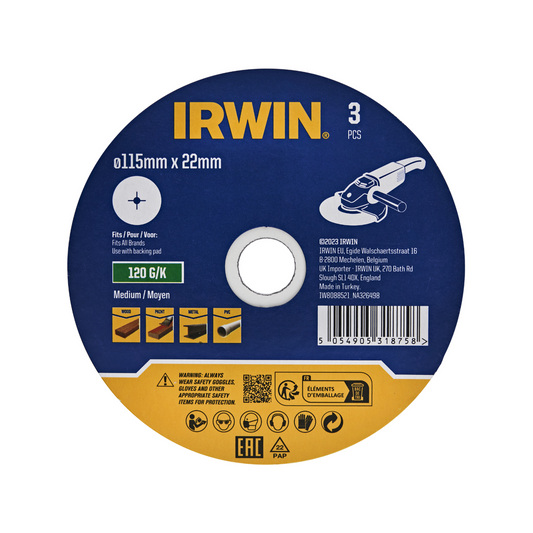 Irwin Fibre Disc 3 Pack - 115 x 22mm - 120 Grit - Wood & Metal Cleaning - Auzzistore